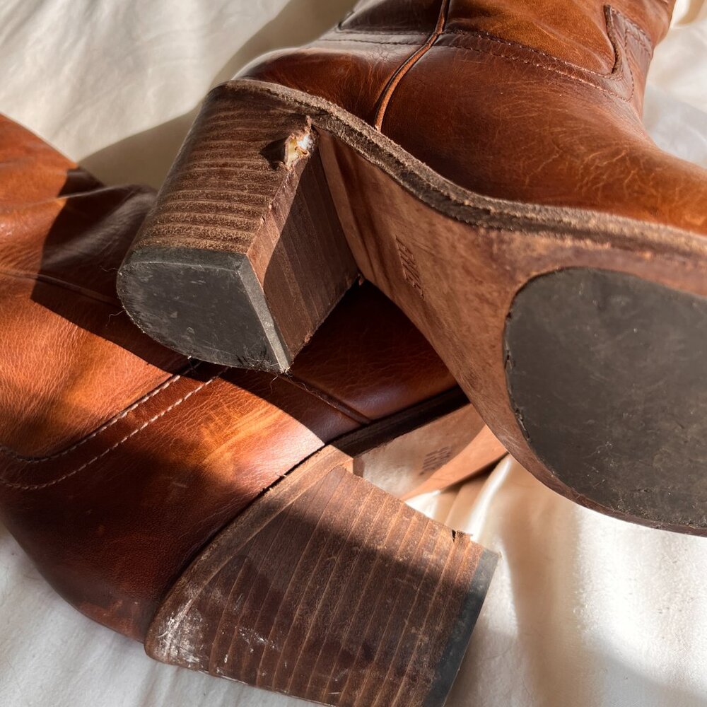 Frye Faye Stich Pull On Clay Leather Cowboy Pointed Toe Knee High Boots - Picture 7 of 8